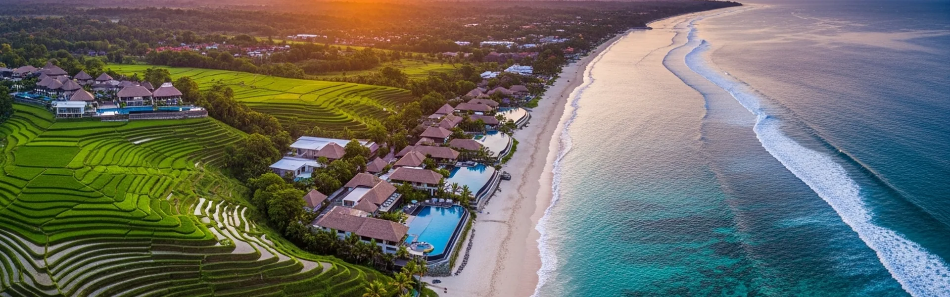 Aerial panoramic view of Bali luxury coastline at golden sunset - The Bali Experts headquarters