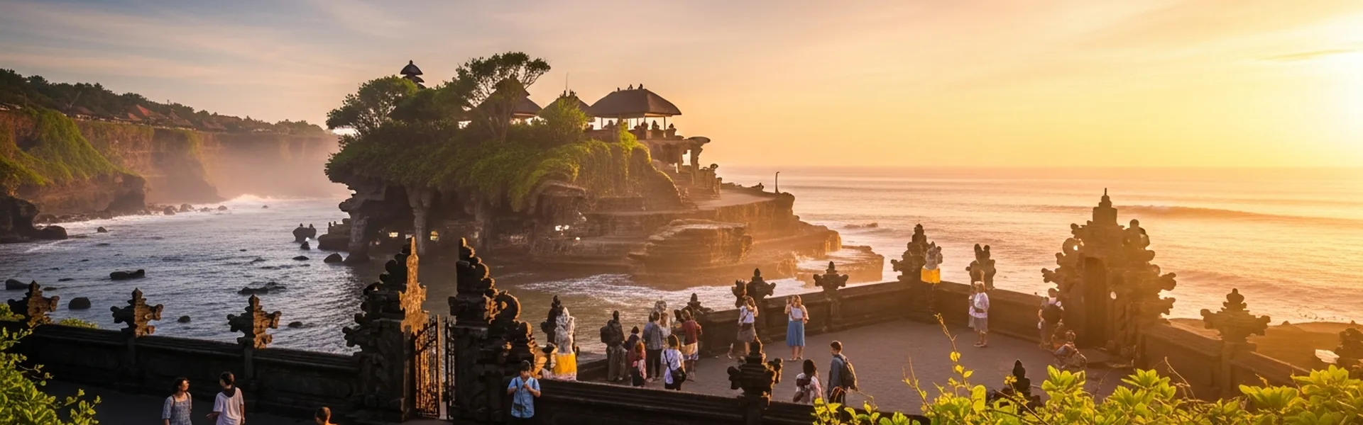 Travelers exploring ancient Tanah Lot temple at golden hour