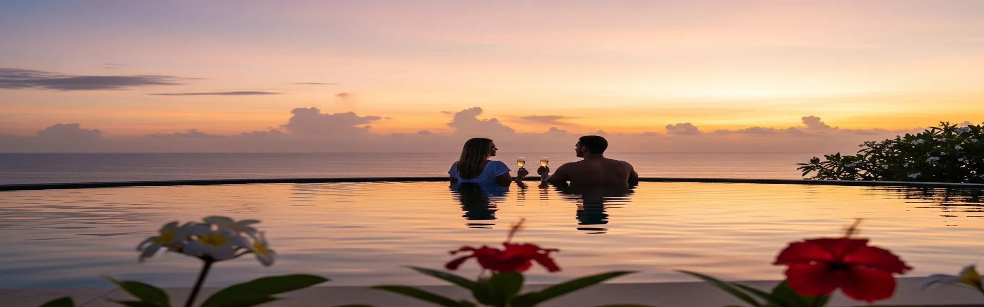 Romantic infinity pool overlooking ocean at sunset in Bali - luxury honeymoon destination