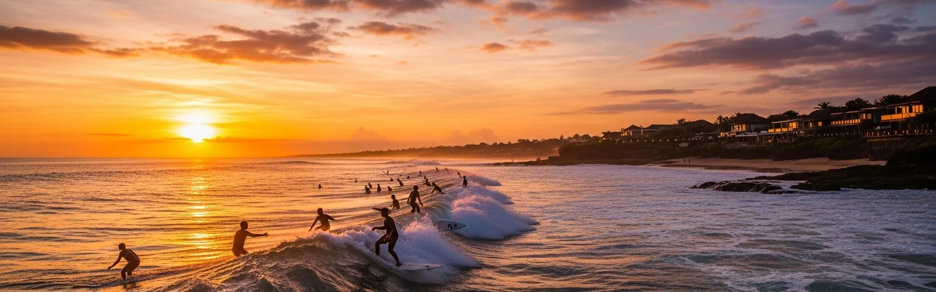 Panoramic Canggu surf beach at golden sunset
