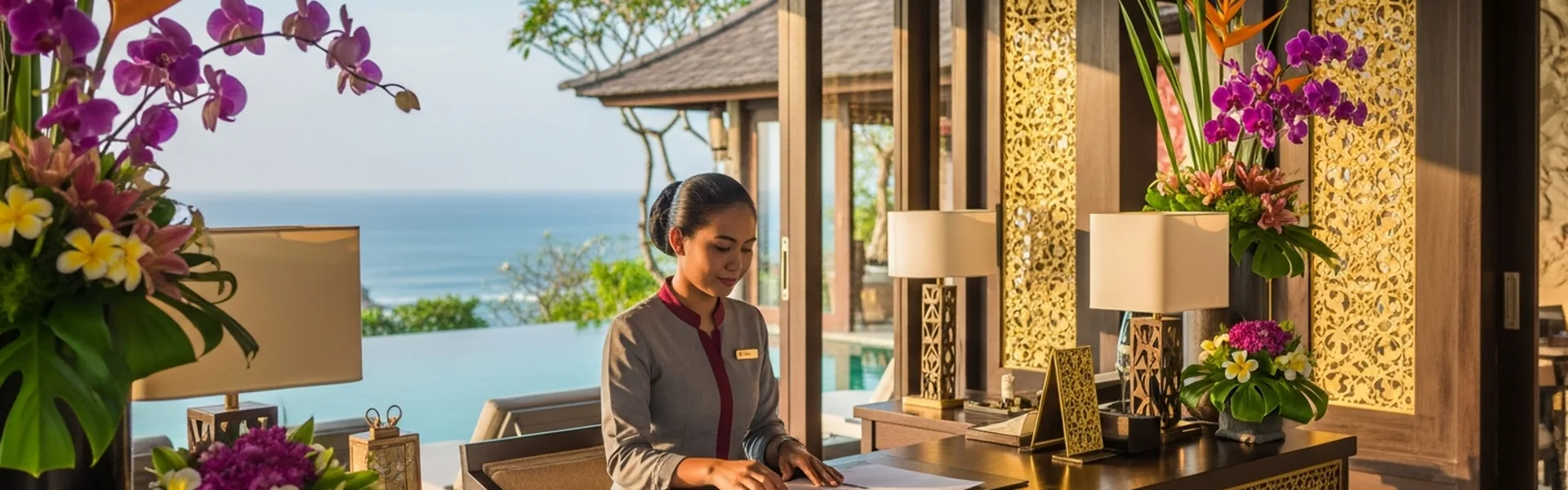 Elegant luxury concierge desk at premium Bali resort