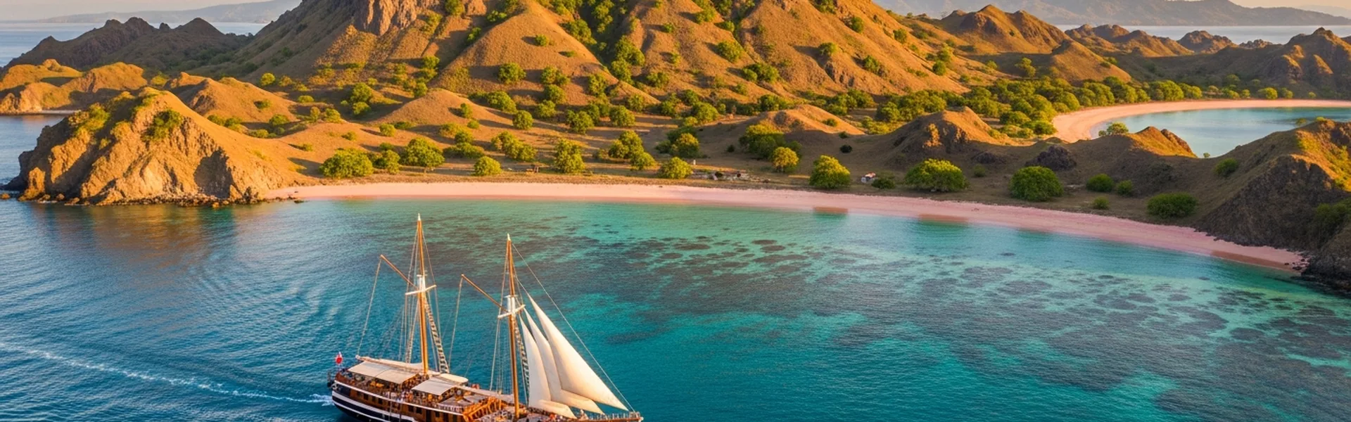 Luxury phinisi boat cruising Komodo island turquoise waters