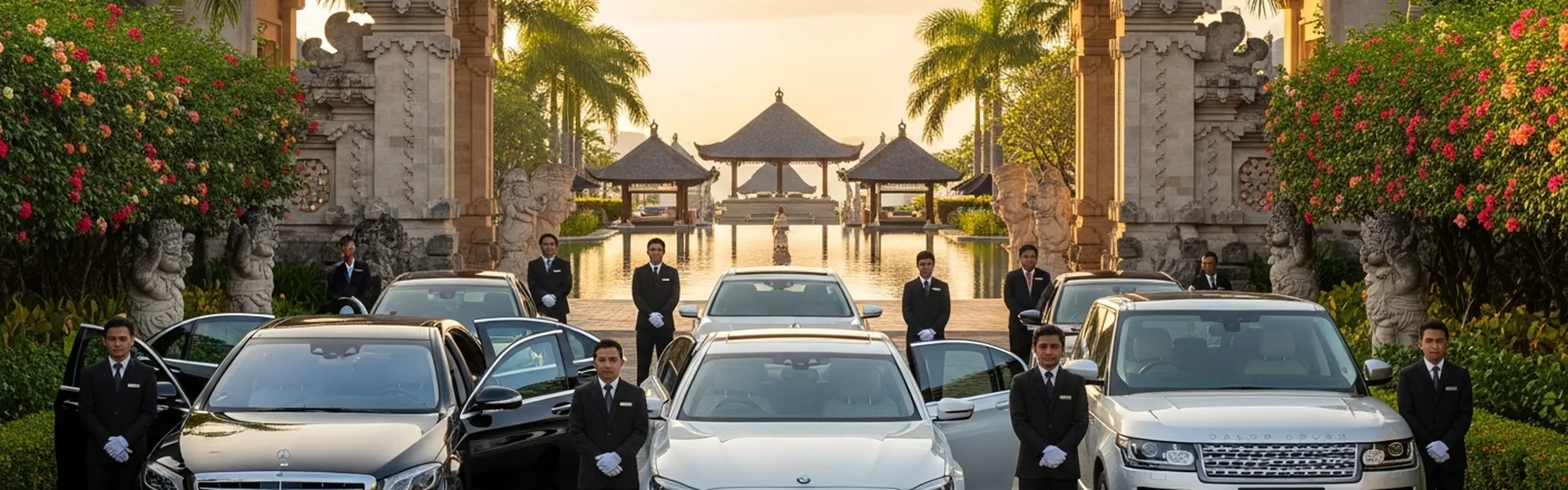 Fleet of luxury vehicles at premium Bali resort entrance