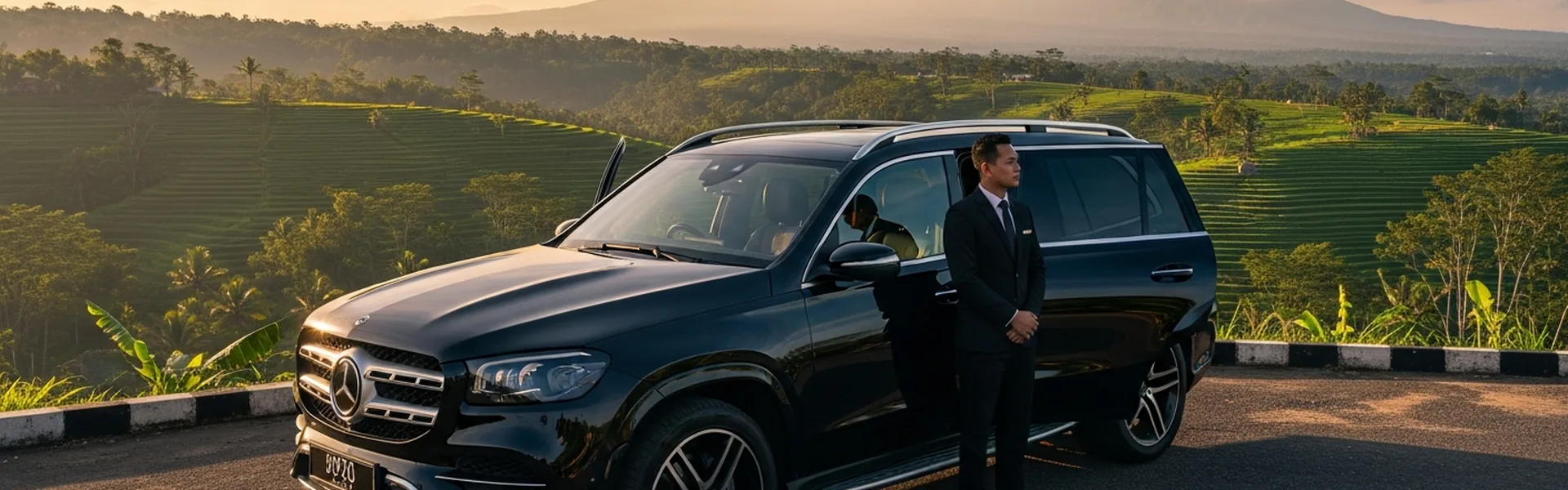 Luxury SUV at scenic Bali viewpoint with Mount Agung