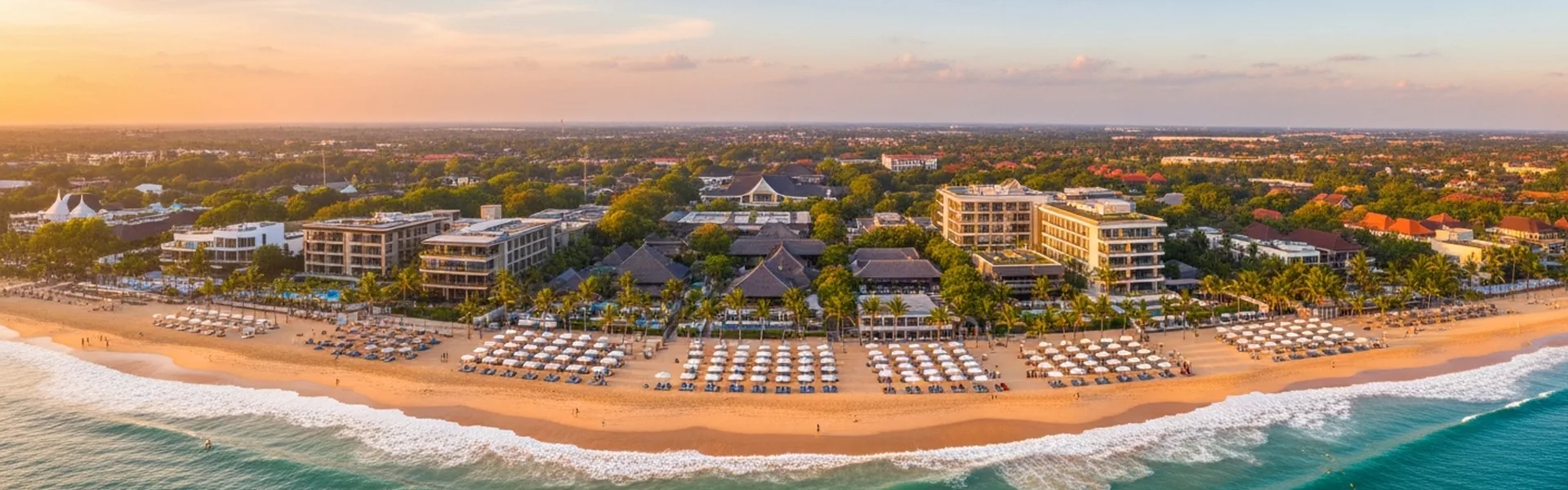 Aerial panoramic view of Seminyak Bali trendy coastline