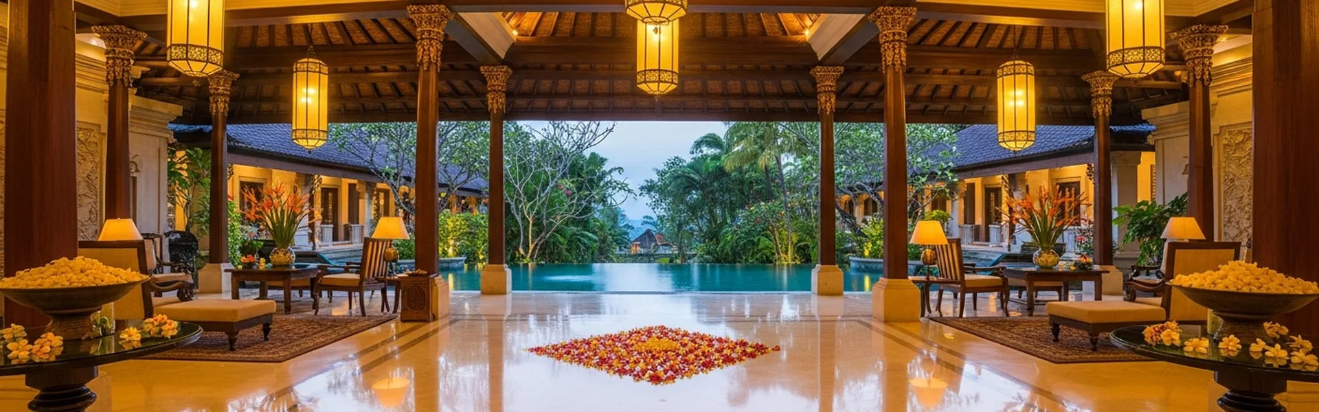 Luxurious open-air Bali resort lobby with infinity pool