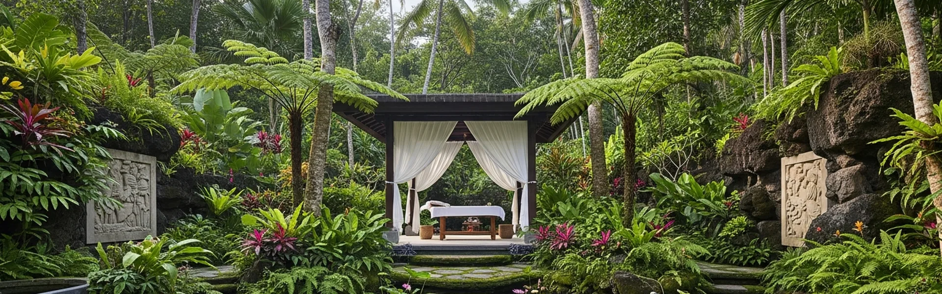 Serene open-air luxury spa in Bali tropical jungle