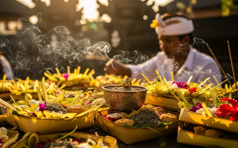 Traditional Balinese temple ceremony with sacred offerings - cultural expertise by The Bali Experts