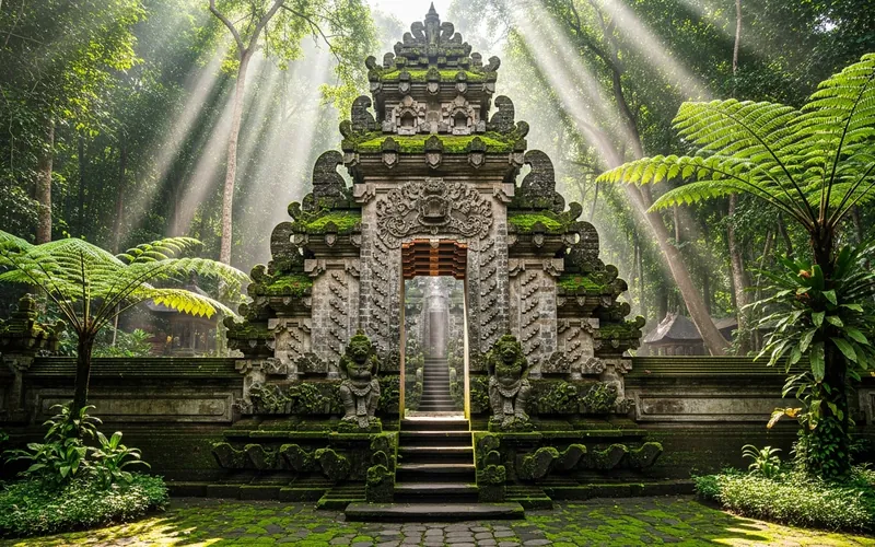 Ancient moss-covered Balinese gateway to hidden jungle temple