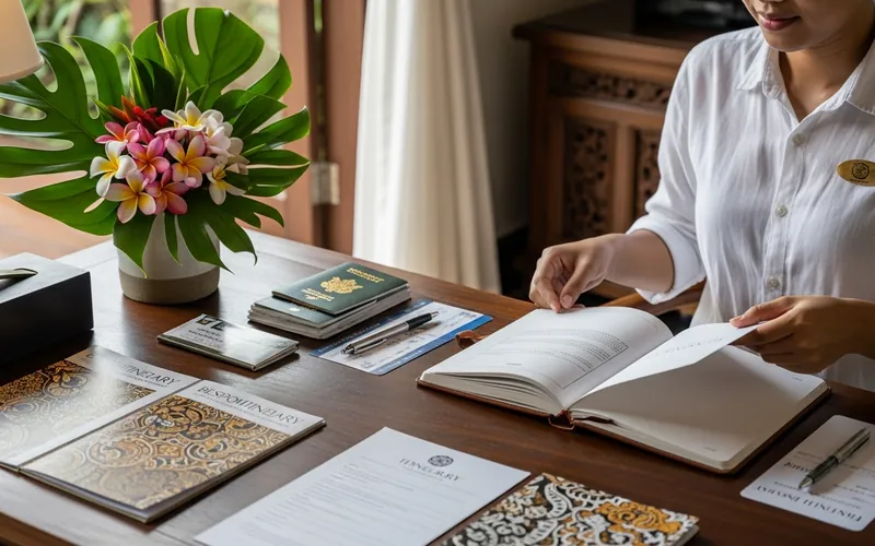 Bali concierge arranging travel documents and itinerary