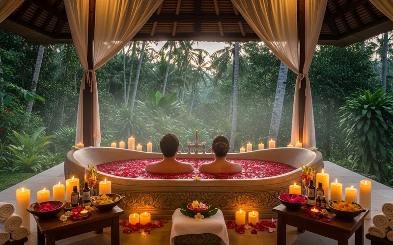 Romantic couples spa in outdoor Balinese pavilion