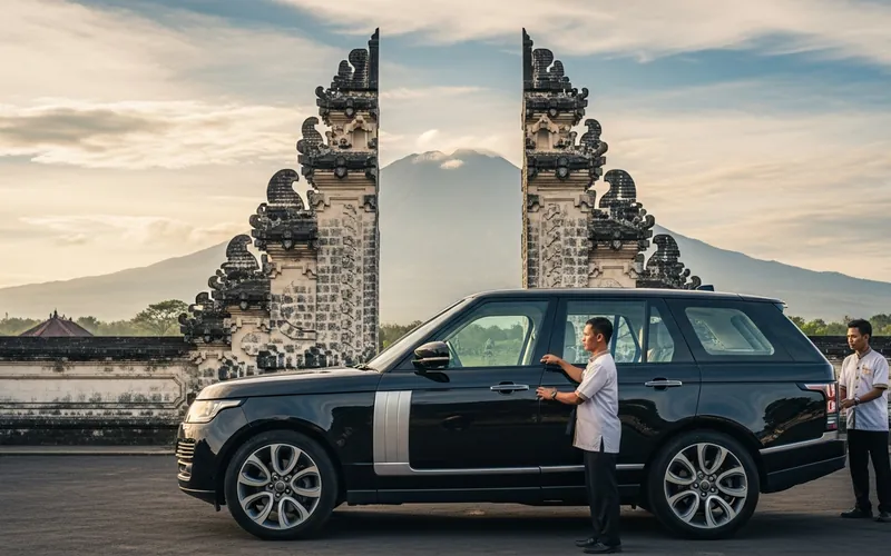 Luxury Range Rover at scenic Bali temple with Mount Agung