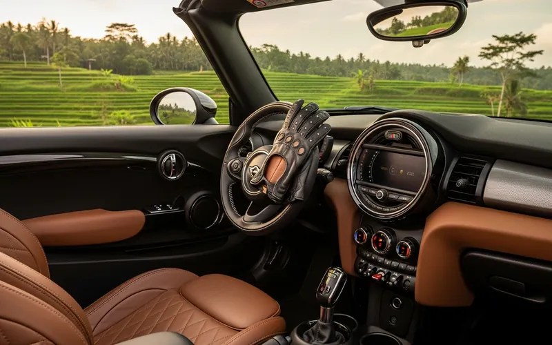 Mini Cooper convertible interior with Bali rice terrace view