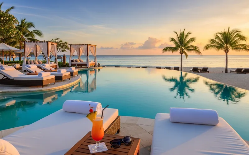 Luxury beachfront resort pool and cabana at Nusa Dua