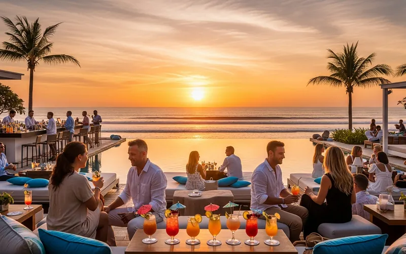 Vibrant Seminyak beach club scene at sunset