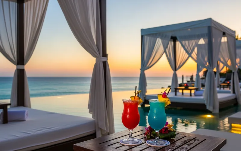 Luxury Bali beach club with white cabanas and ocean view