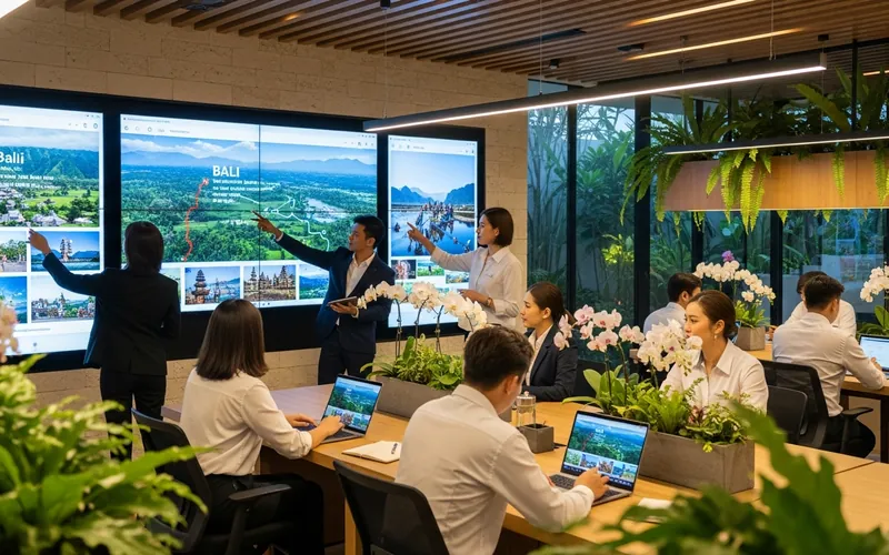 Professional travel team in modern Bali office