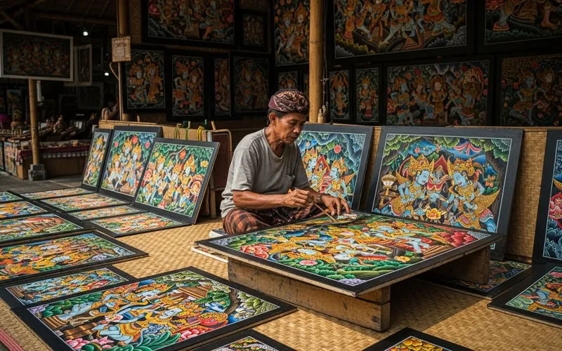 Traditional Balinese artisan painter in Ubud art market