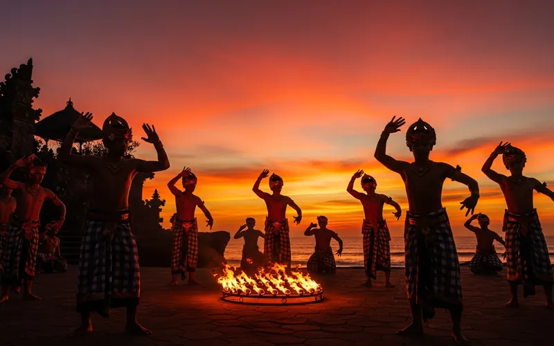 Traditional Kecak fire dance at Uluwatu temple sunset