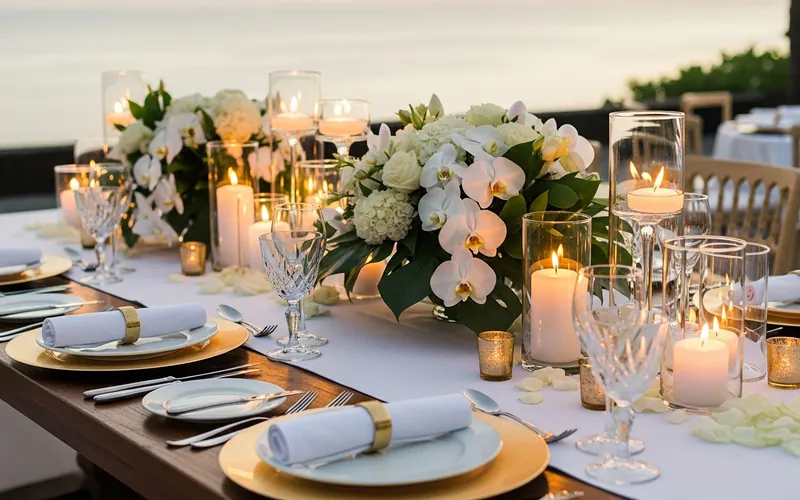 Elegant Bali wedding reception with gold settings