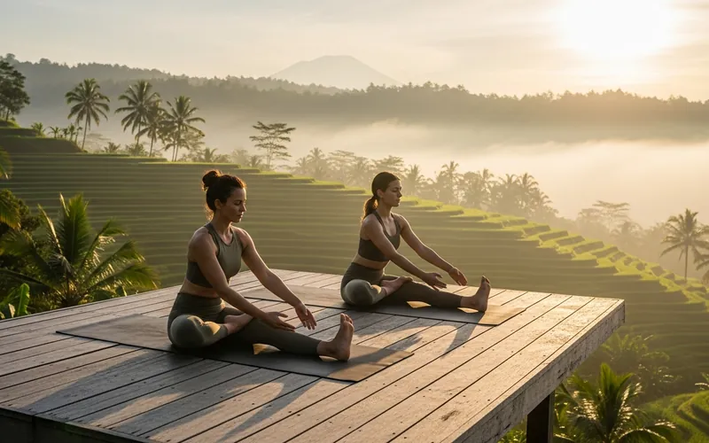 Morning yoga overlooking Bali rice terraces at sunrise