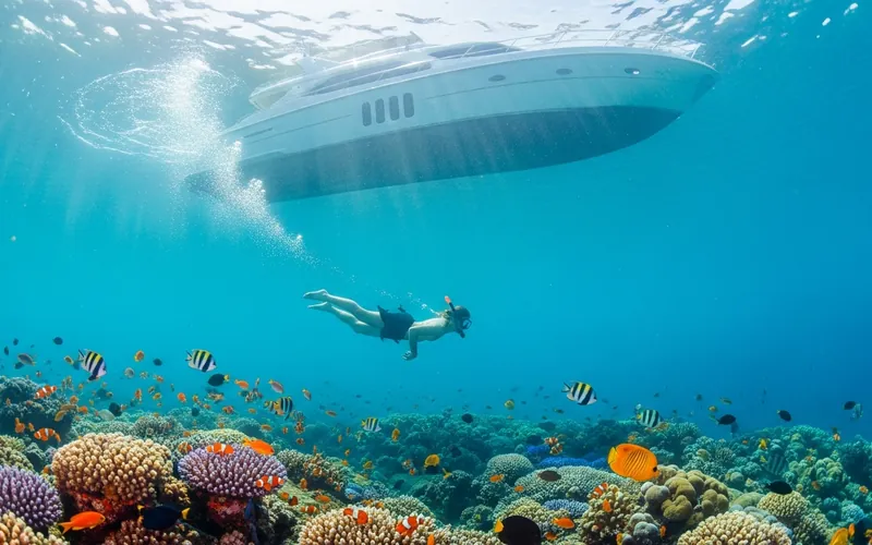 Snorkeling near Bali coral reef with tropical fish